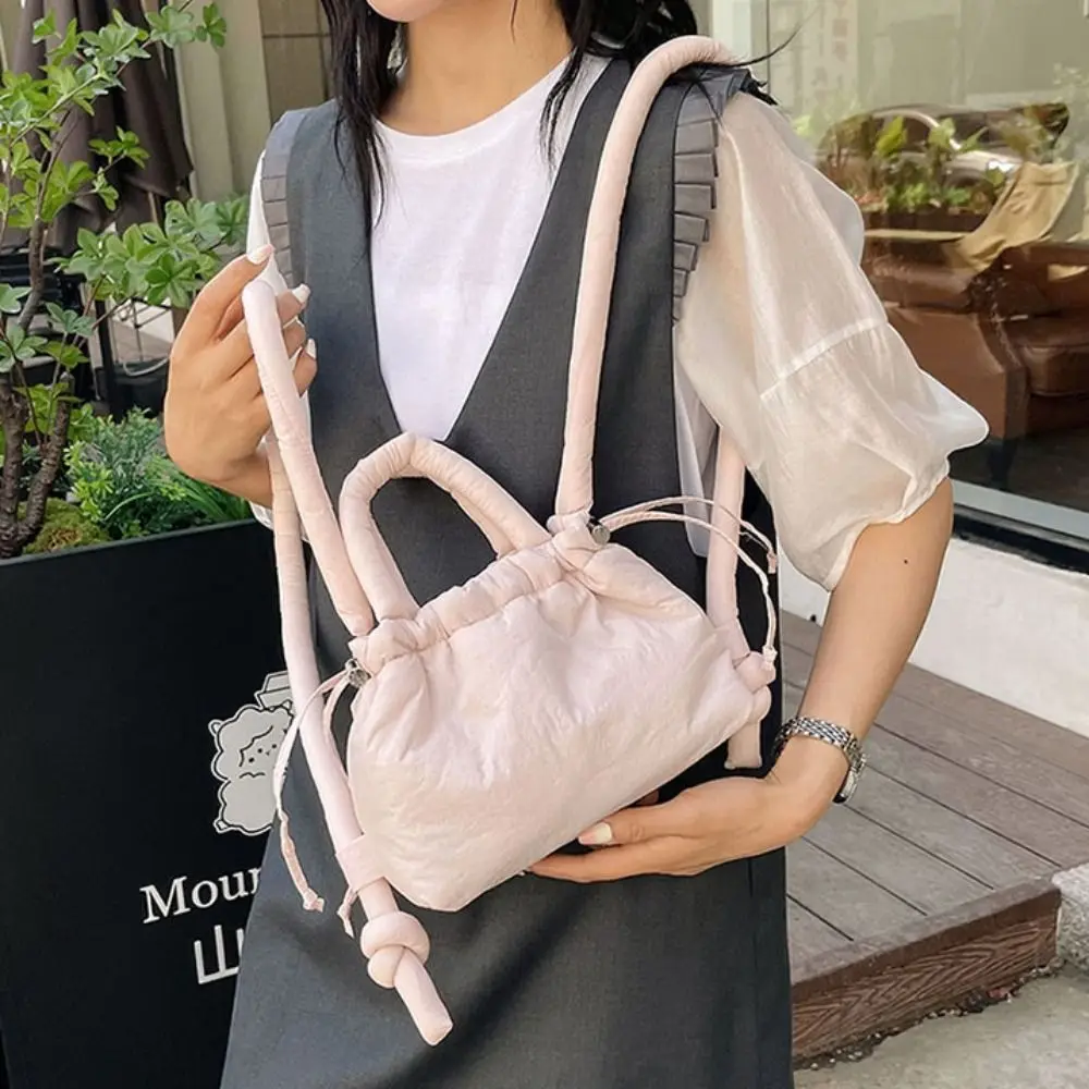 Fashion Solid Color Drawstring Tote Bag Dual-purpose Soft Nylon Padded Tote Bag Lightweight Large Capacity Puffer Backpack Beach