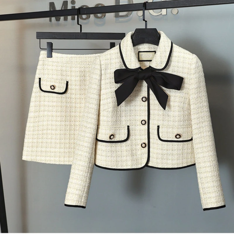 

New Small Fragrance Luxury Tweet Jacket Ladies Bow Short Coat Women 2023 Autumn Winter Elegant Skirt Suits Two Piece Set Outfit