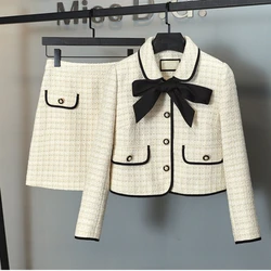 New Small Fragrance Luxury Tweet Jacket Ladies Bow Short Coat Women 2023 Autumn Winter Elegant Skirt Suits Two Piece Set Outfit