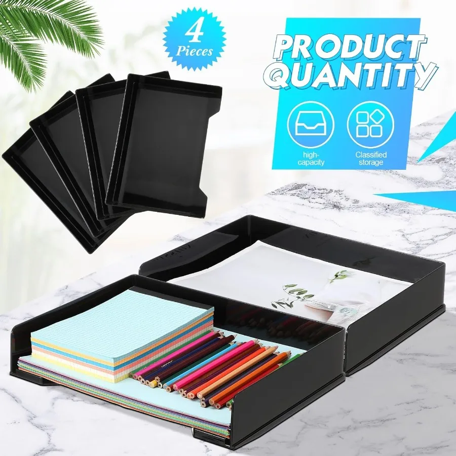 4 قطعة صينية رسائل قابلة للتكديس منظم مكتب بلاستيكي مستطيل 13x9.5x2.6 في حامل الورق ملف صينية اكسسوارات رف لـ De #4