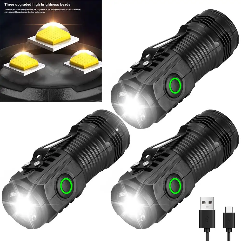 Mini LED Flashlight USB C Rechargeable IPX4 Waterproof Pocket Flashlight 3 Light Cores Powerful Flashlight for Camping Emergency