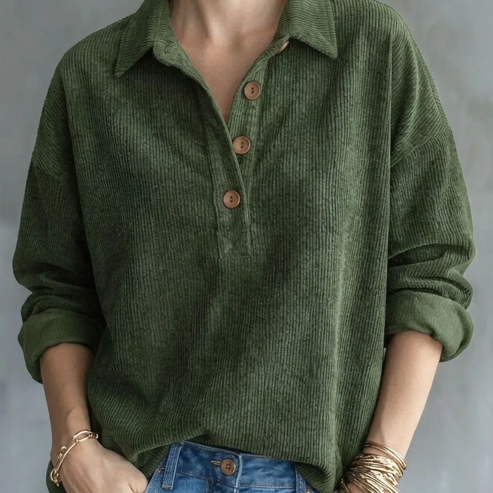 Elegant Corduroy Shirt Women Vintage Polo Collar Long Sleeve Tops Casual Fall Winter Button Up Soft Comfortable Basic Blouse
