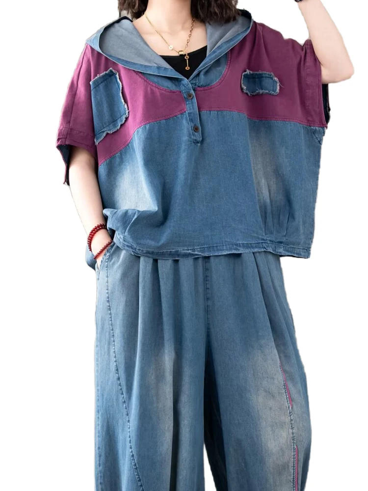 

Amax luluE Summer Womens Fashion Suits Denim 2 Pieces Sets Loose Hooded T-shirts Vintage Tops Casual Jeans Luxury Pants Outfits