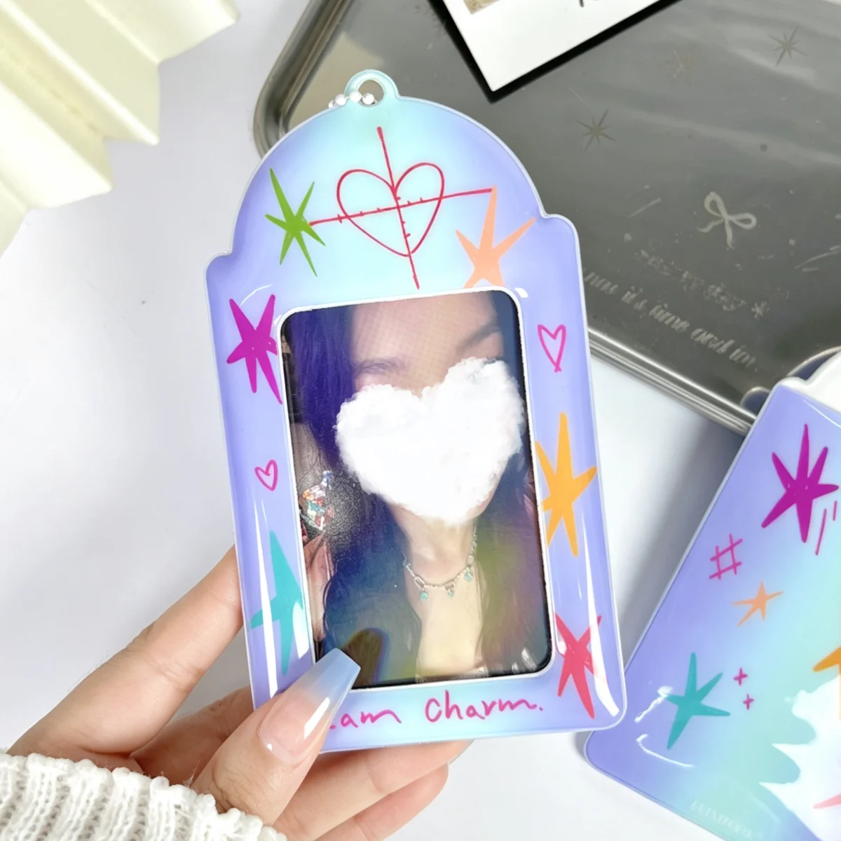 1Pc Y2K Gradient Blue Card Holder, Hand-Painted Heart and Star Prints, Idol Fan 3inch Photo Card Protector, Hunter Idolme, Suitable for 3-3.5inch Polaroid Photo Cards, Idol Album Card Storage, a Must-Have for Idol Fans