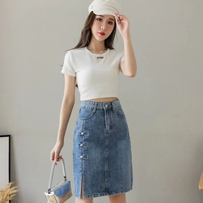 

With Slit Pocket High Waist Midi Women's Denim Skirt Y2k Vintage New in Summer 2025 Korean Style Aesthetic Female Jeans Skirts