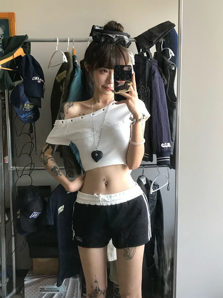 Schulterfreies T-Shirt für Damen, O-Ausschnitt, rund, alternativer Stil, normales Basic-Design, modisch, schlicht, lässig, für Damen, Mädchen, Mädchen