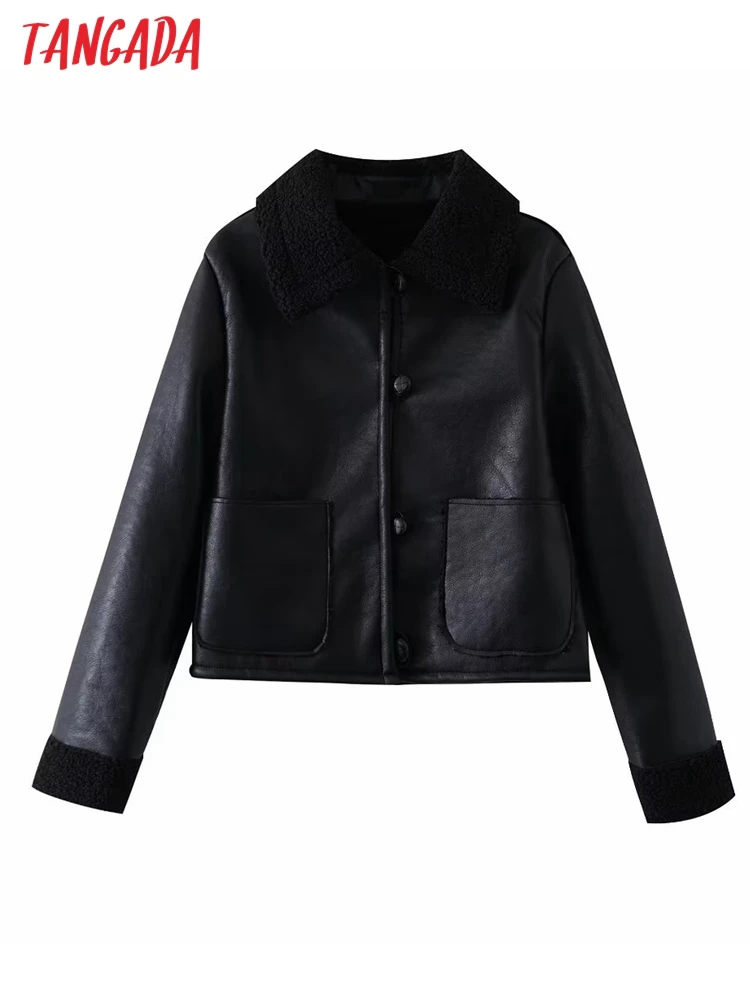 Tangada 2023 Autumn Winter Women Buttons Faux Leather Fur Thick Coat Ladies Crop Overcoat 5B123