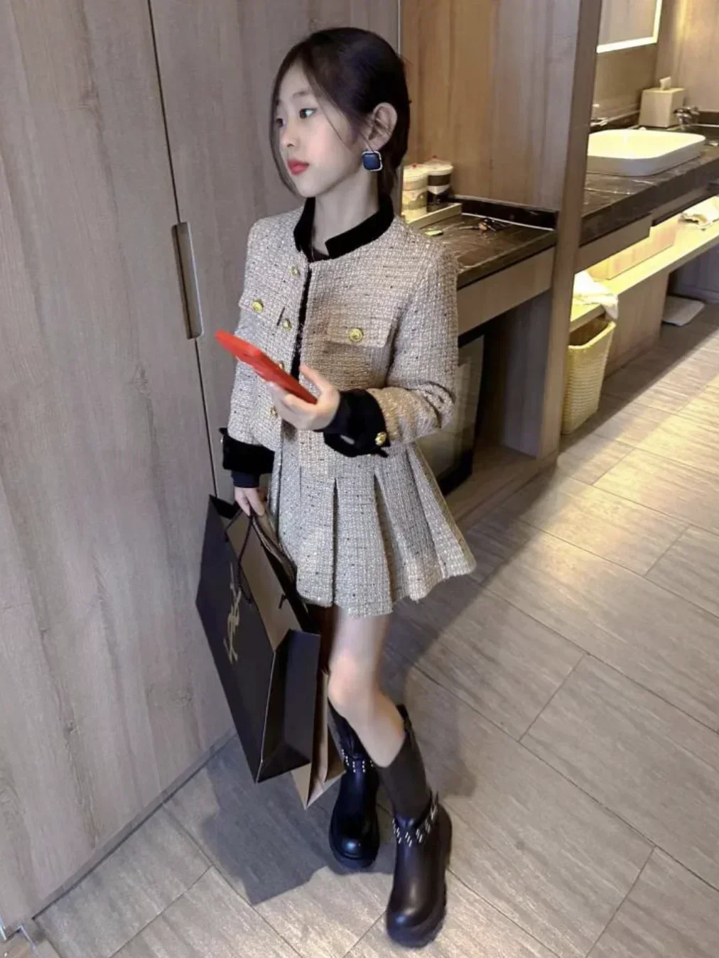 Girl Clothes Suit Girl Winter Coat and Pleated Skirt Two-piece Spring and Autumn New Woolen Small Suit Girl Winter Clothes Suit