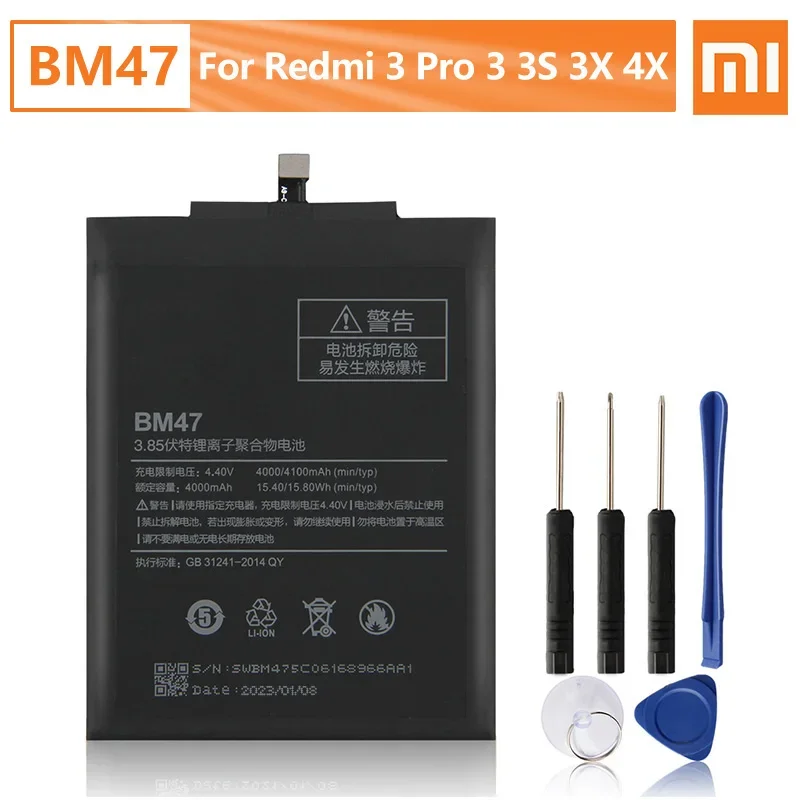 

Replacement Phone Battery BM47 For Xiaomi Redmi 3 3S 3X Redmi3 4X Pro 4100mAh + Free Tools