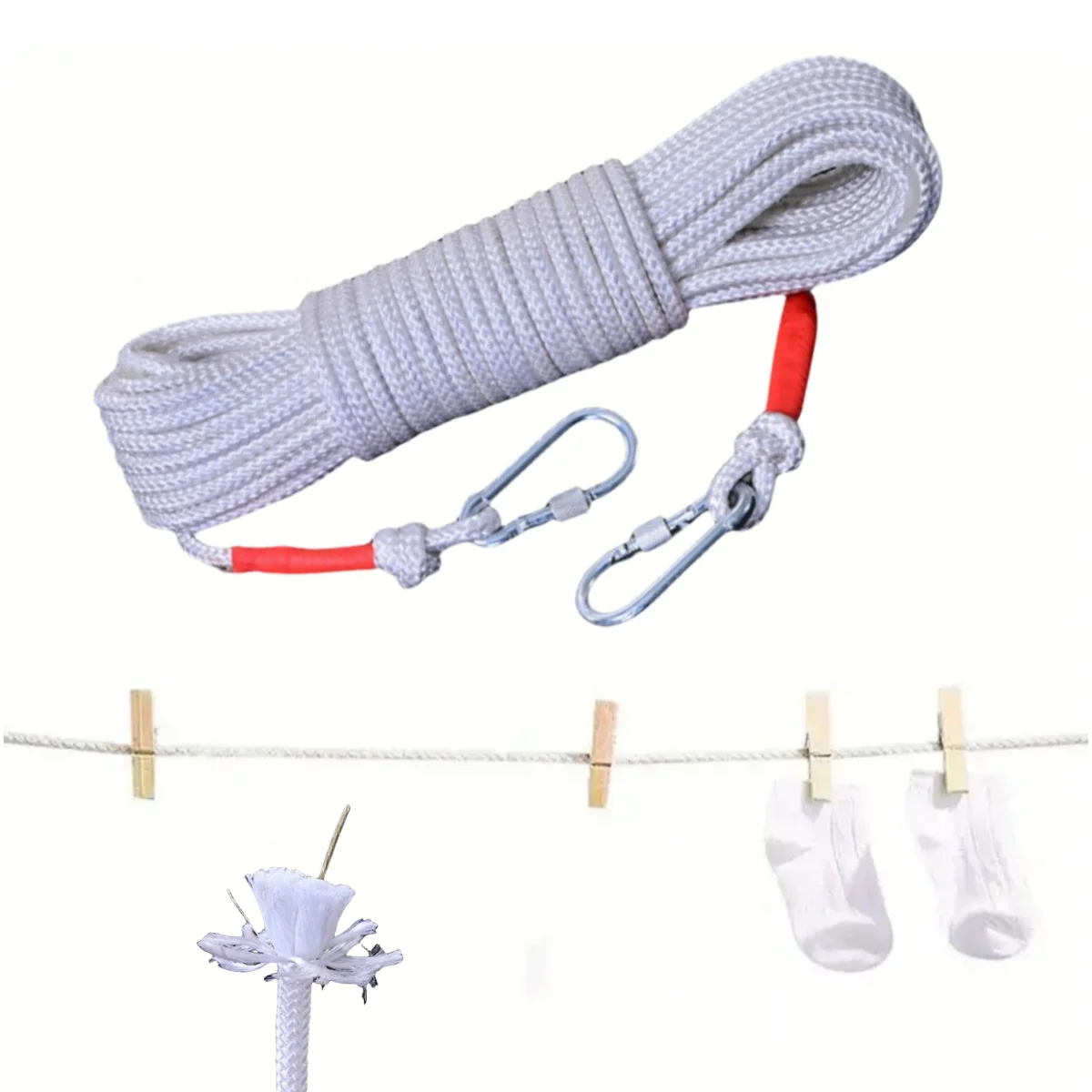 15m white clothes drying rope with steel wire core, outdoor portable non punching clothes drying and cooling nylon rope
