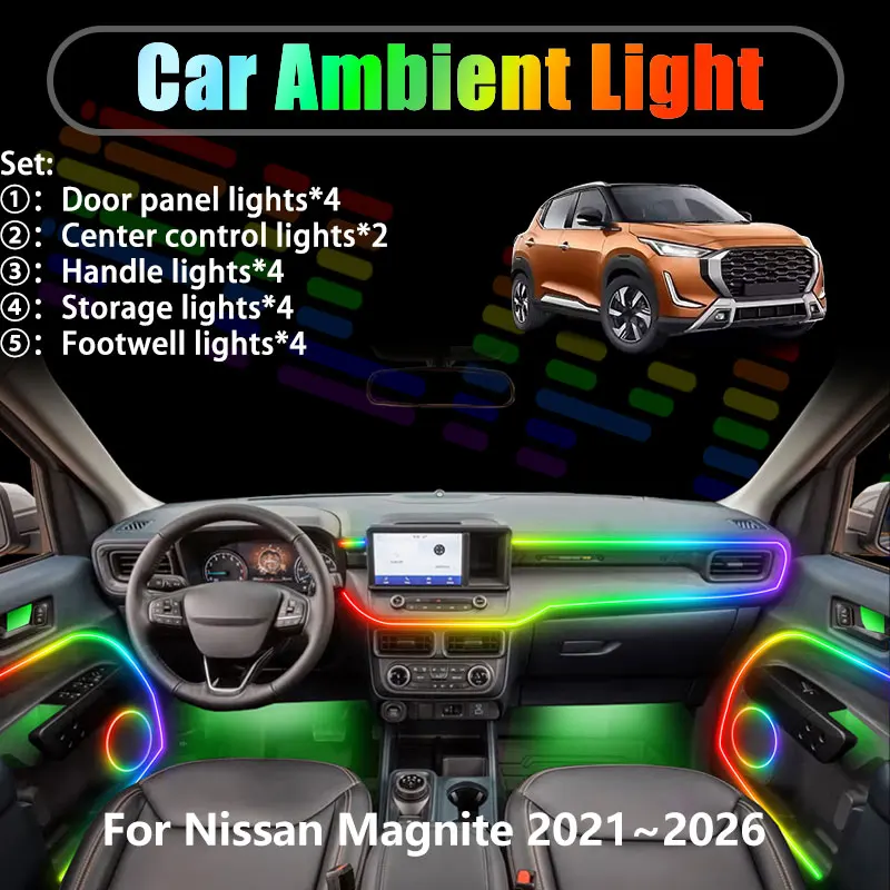 

For Nissan Magnite 2021~2026 DD0 2/18 in 1 Car ambient lighting Led trunk interior led lights USB RGB Ensemble Streamer 2022 SUV