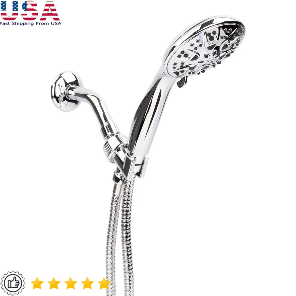 

Ручная насадка для душа с 5 настройками, хромированная водосберегающая насадка для душа со шлангом 60 дюймов и кронштейном для домашней ванной комнаты
