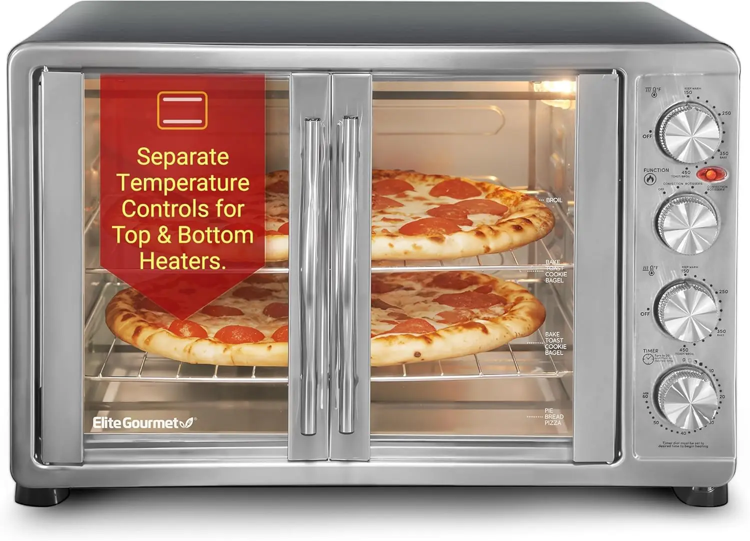 

French Door 47.5Qt Convection Oven, 18-Slice, 4-Control Knobs, Bake Broil Toast Rotisserie Keep Warm, 2 x 12' Pizza Racks