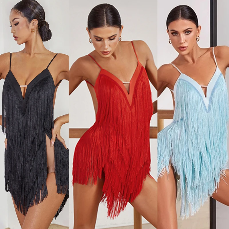 Summer Latin Dance Dress Women Sexy Competition Clothing Fringe Dress Cha Cha Samba Performance Costume Practice Wear DNV20305