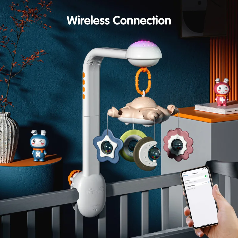 아기 침대 모빌 프로젝션 야간 조명, 진정 음악, 화이트 노이즈, 걸이식 딸랑이 장난감, 360 ° 회전, 보육 수저 장난감