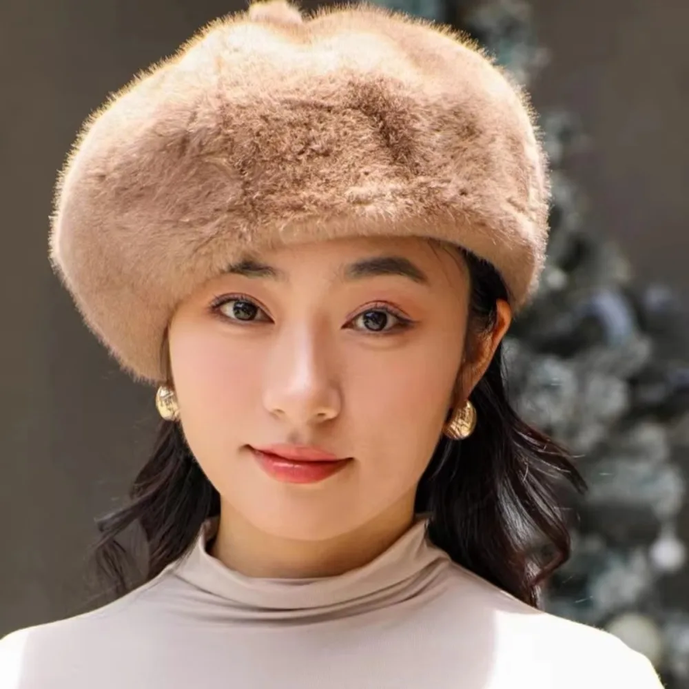 Sweet Leopard Print Faux Rabbit Fur Beret Solid Color Thicken Painter Beret Hat Keep Warm Flush Furry Winter Cap Women Girl
