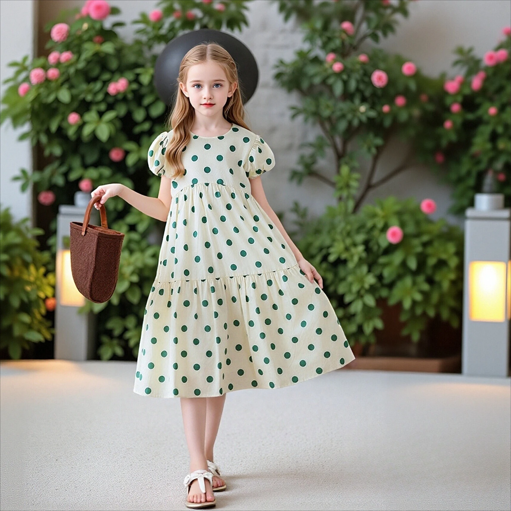 Girls Polka Dot Midi Dress Puff Sleeve Tiered Back Bow Tie Soft Fabric Casual Daily Summer Beach Vacation Kids Princess Sundress