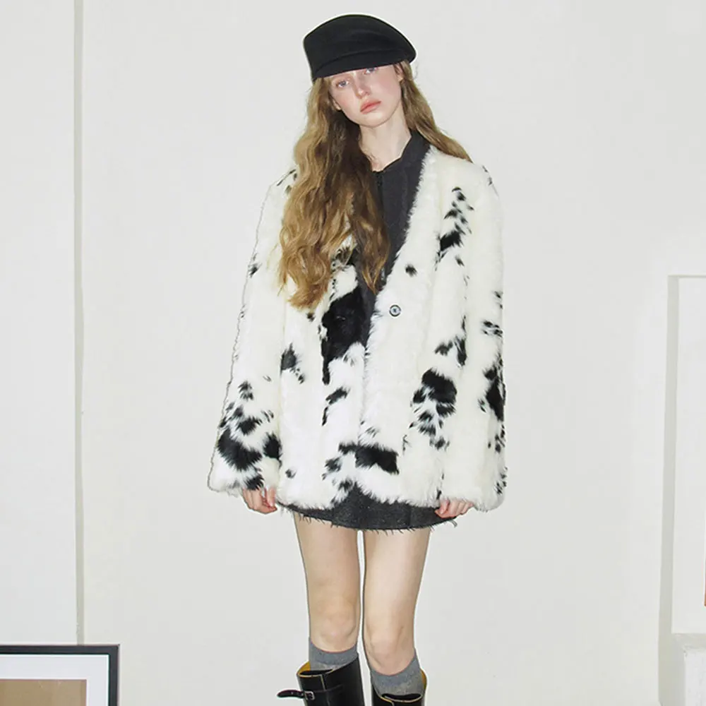 Herfst Winter Faux Vossenbont Jas Vrouwelijke Mode Revers Pluche Overjas Koe Kleur Parka Losse Faux Bontjas Vrouwen Kleding 2025