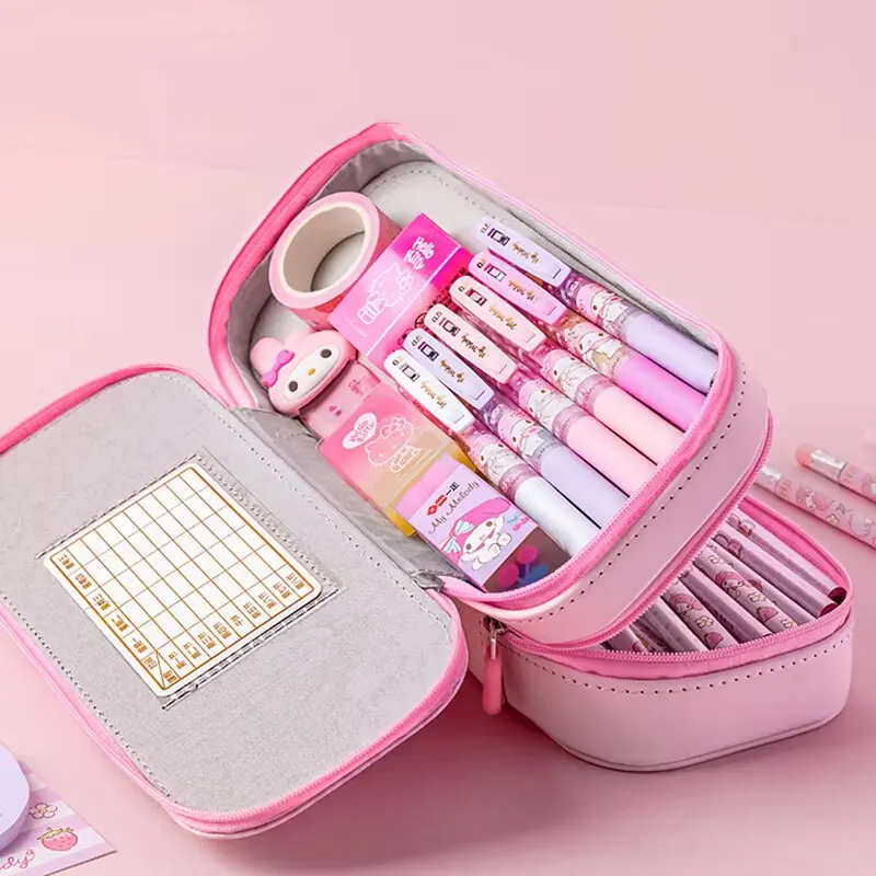 Sanrio Cartoon PU Large Capacity Pencil Case HelloKitty Cinnamoroll Melody School Pencils Bag Pouch Pen Case Supplies Stationery
