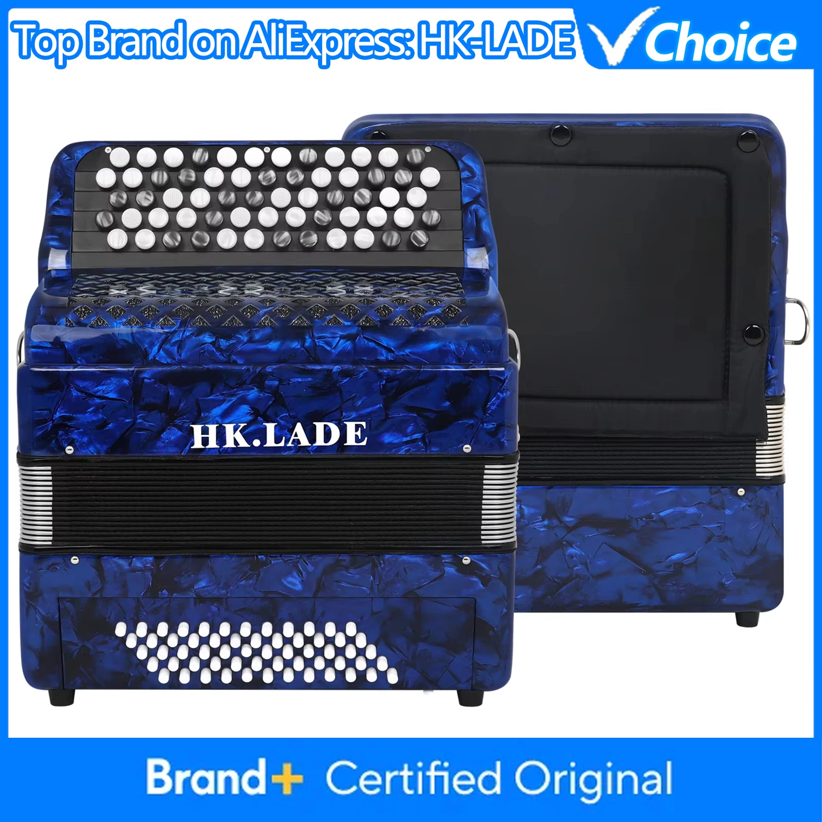 

Аккордеон HK·LADE AH-110 Blue Bayan, 62 клавиши, 60 басов, 3 клавишных блока, с функцией изменения голоса, мехами из овчины, в комплекте с чехлом для хранения