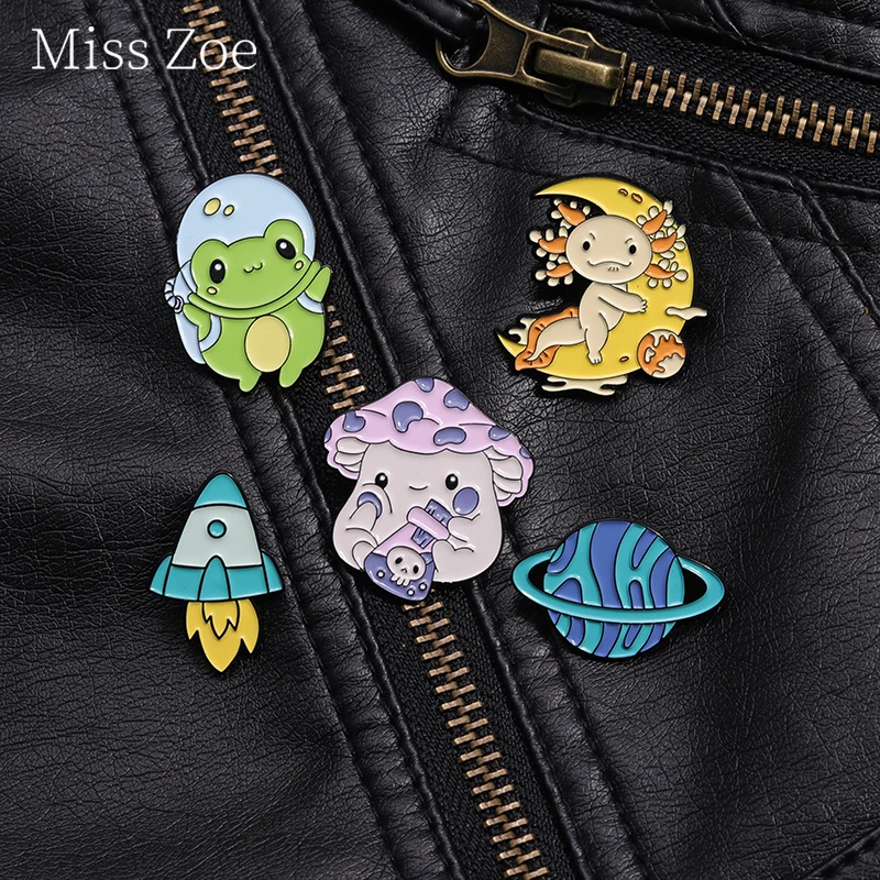 Cute Salamander Enamel Pin Space Planet Rocket Mushroom Potion Frog Brooches Lapel Backpack Badge Funny Animal Jewelry Gift