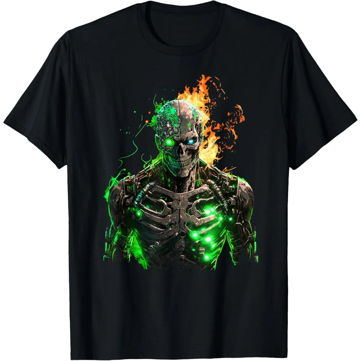 Flaming Cyborg Skeleton Graphic T-Shirt Breathable Cotton Casual Crewneck Tee for Men