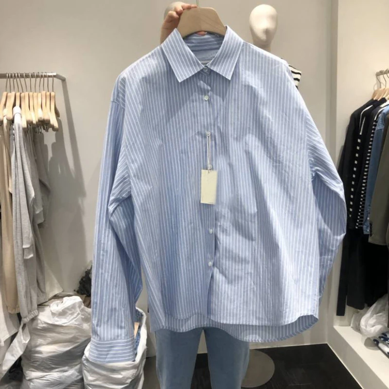 New Temperament of Dongdaemun in South Korea Featuring a Collared Buckle and Striped Loose Fit Slimming Long Sleeved Shirt