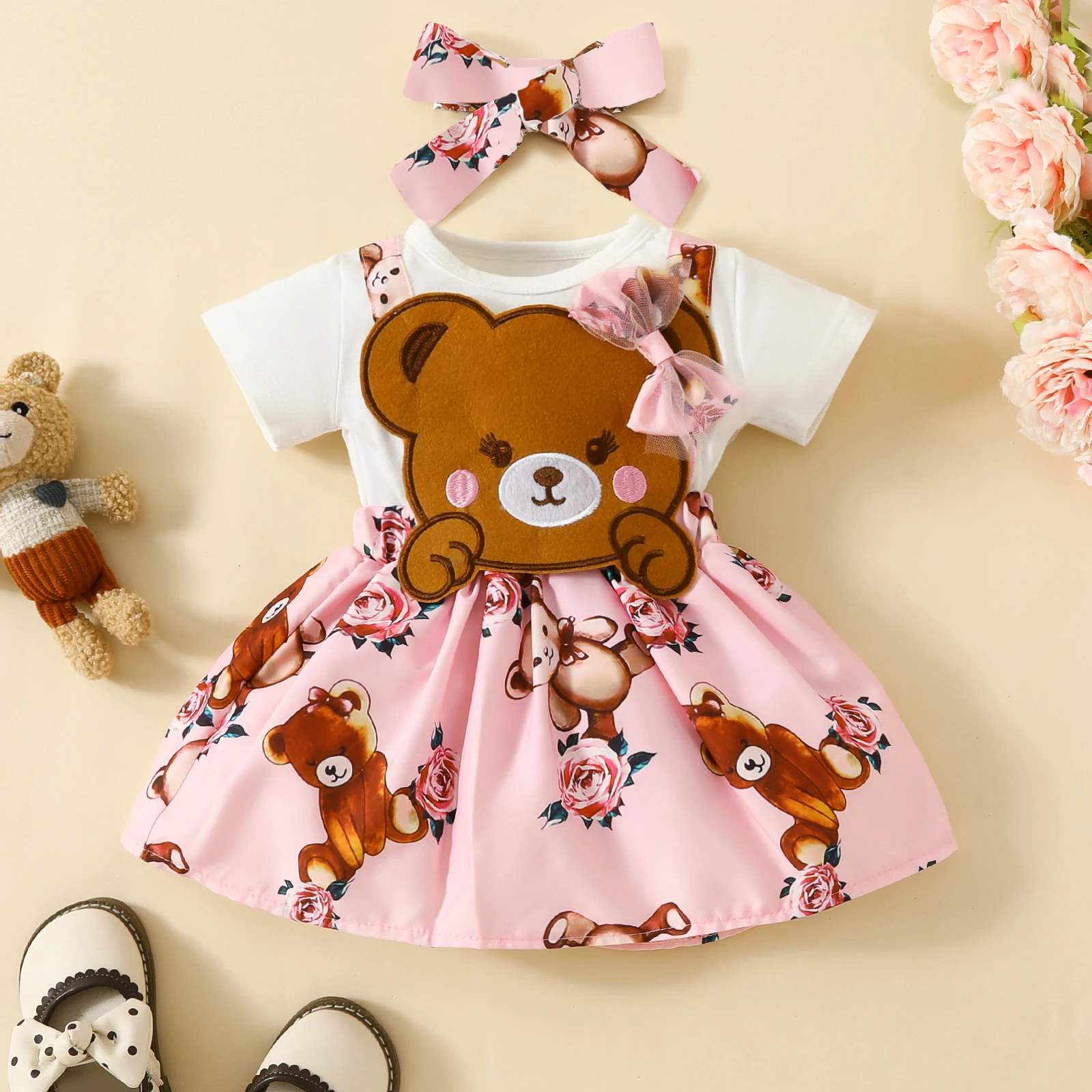 Cute Cartoon Bear Baby Girl Short Sleeve Dress Baby Summer Short Sleeve Fake-Sling Strap Bow Skirt