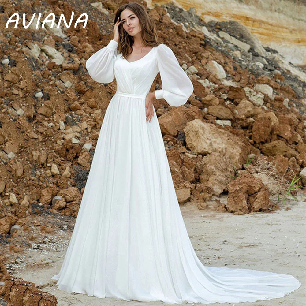 

Aviana Elegant V Neck Wedding Dresses 2023 Puff Long Sleeves Pleat Backless A line Simple Chiffon Bridal Gowns Vestido De Noiva