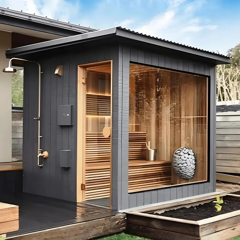 Custom Outdoor Steam Sauna Shower Cube Luxury Stylish Wood Steam Sauna Room with Shower