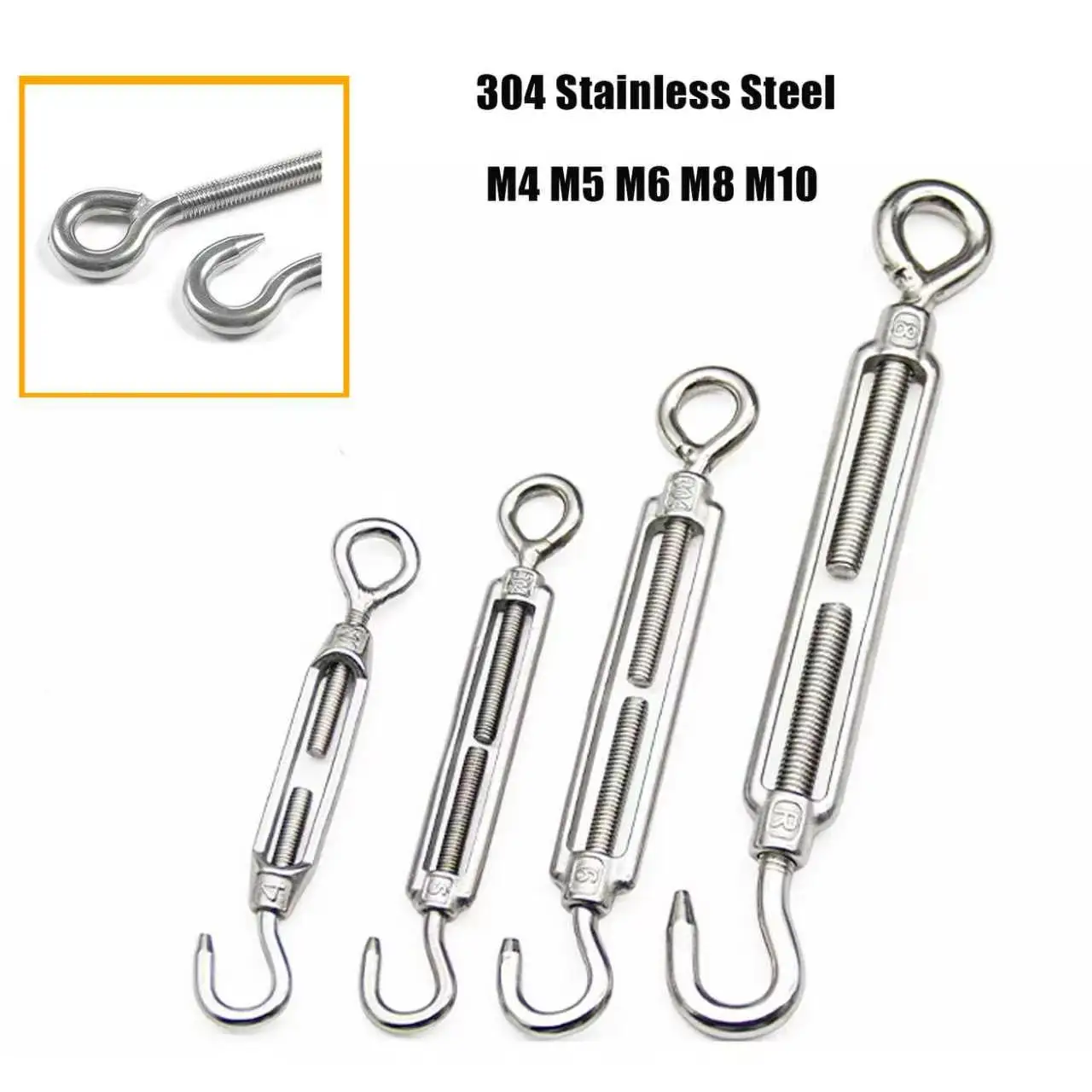 304 Stainless Steel Hook and Eye Tensioners Rope Cable Tension Set Adjustable Garden M4 M5 M6 M8 M10 Wire Ropes Tensioner Lockin