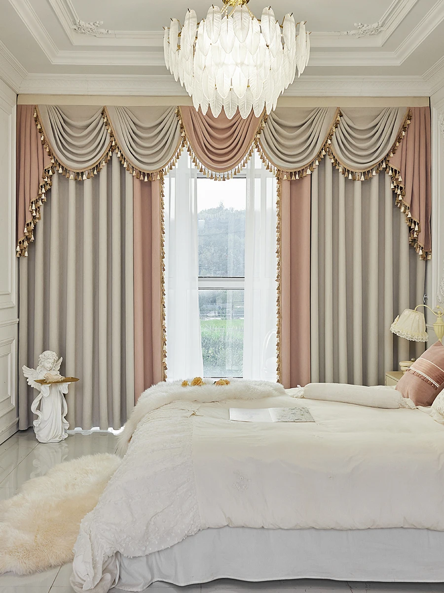 Custom curtain shading French luxury Chenille bedroom high-grade villa beige cloth blackout curtain tulle valance drape C1518