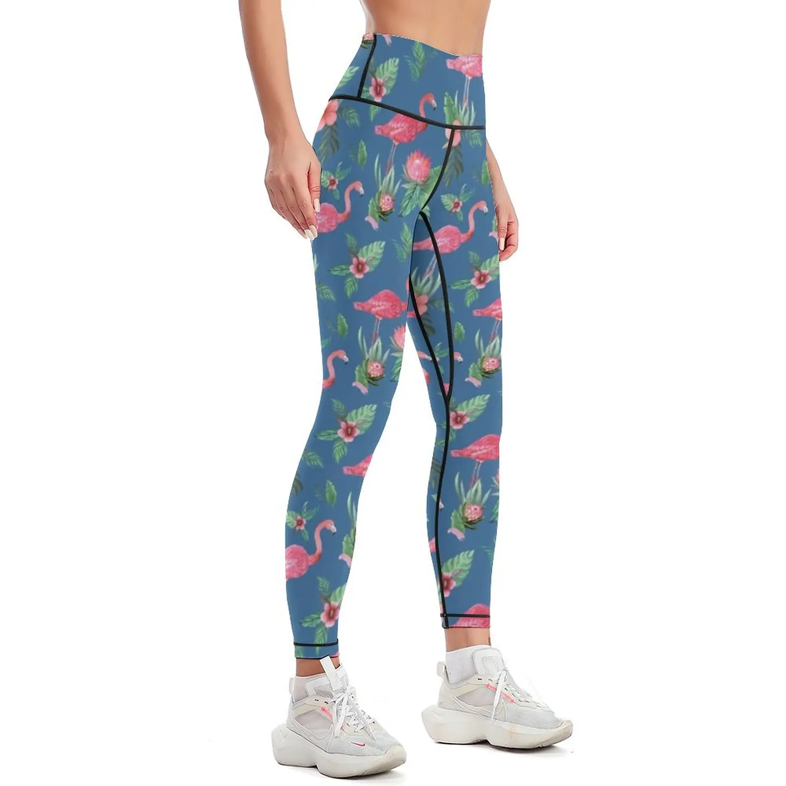 Flamingo Watercolor painting with Protea, Hibiscus and Palms by MagentaRose Leggings Sports pants woman Womens Leggings