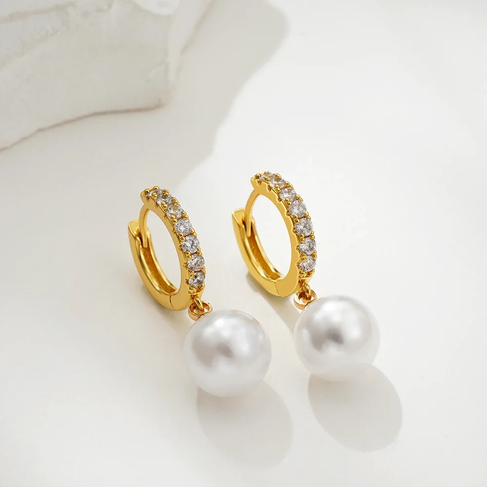 

Elegant Imitation Pearl White Rhinestone Dangle Earrings Femme Stainless Steel Golden Geometric Hoop Jewelry Accessories Bijoux