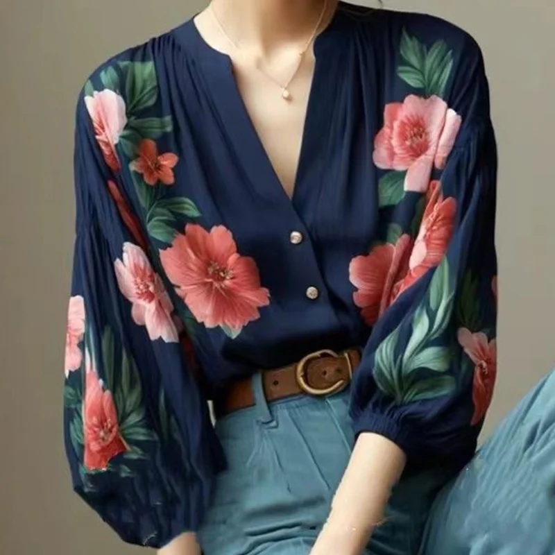 

Spring Summer Vintage Printing V-neck Blouse Ladies Temperament All-match Buttons Chiffon Lantern Sleeve Cardigan Shirts Top Tee
