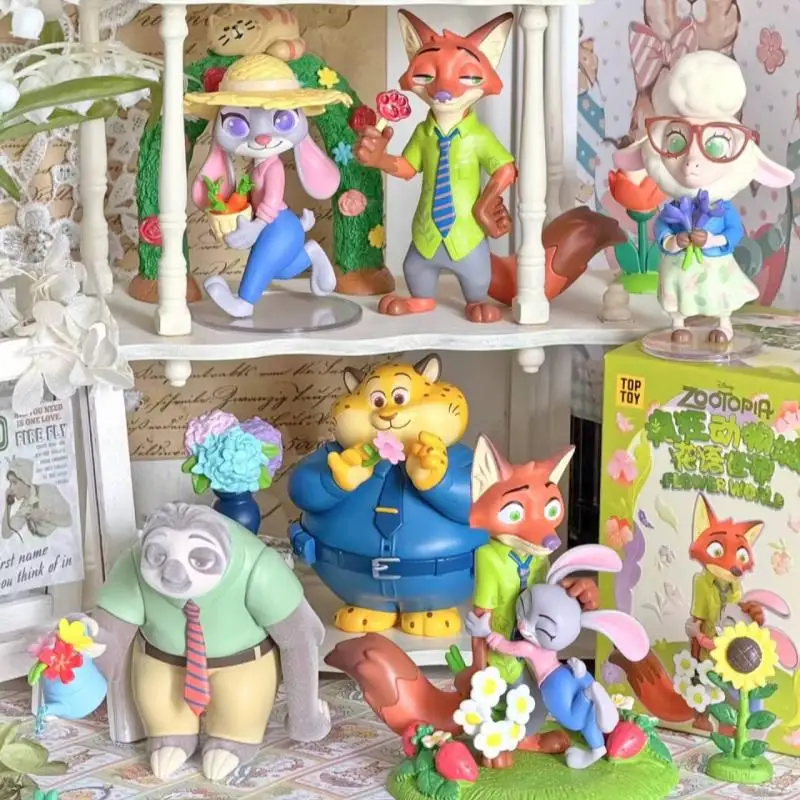 Boîte aveugle du monde Floral originale Disney Zootopia, figurines Judy & Nick, thème floral mignon, décor de bureau, jouet de collection, cadeau pour les Fans