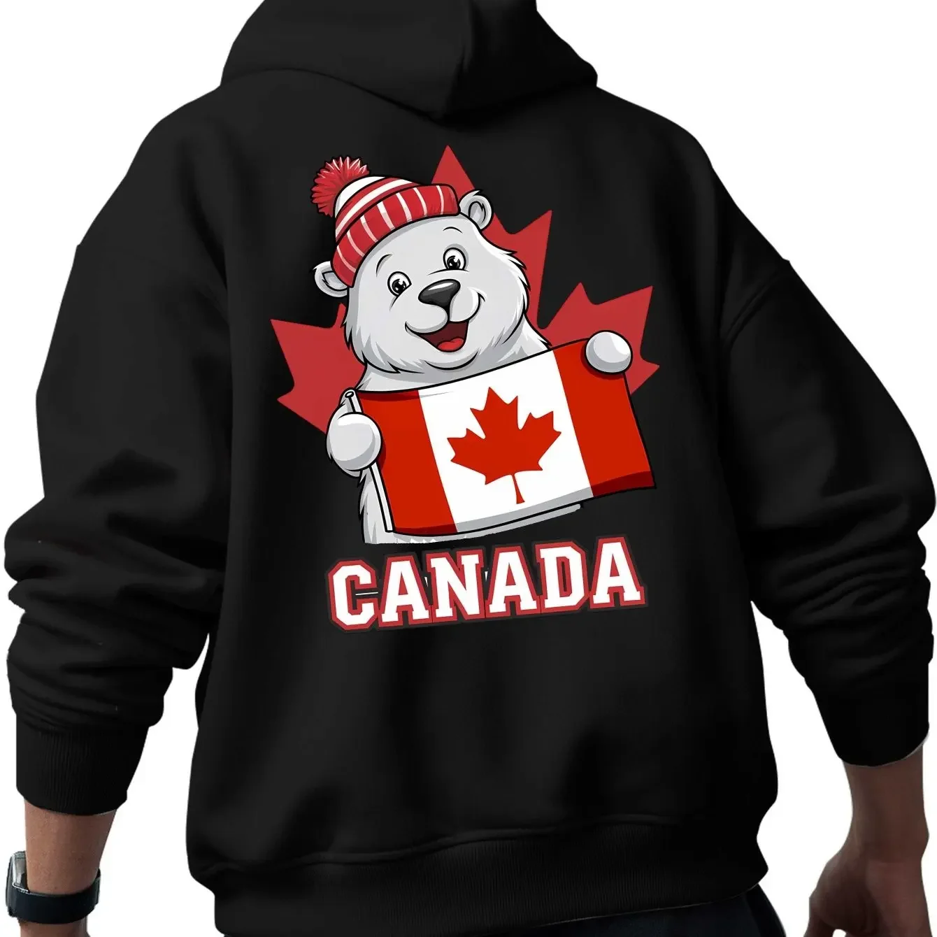 Big Back Cartoon Polar Bear Canada Maple Leaf Flag Graphic Hoodie For Patriotic Canadian Local Daily Wear Unisex