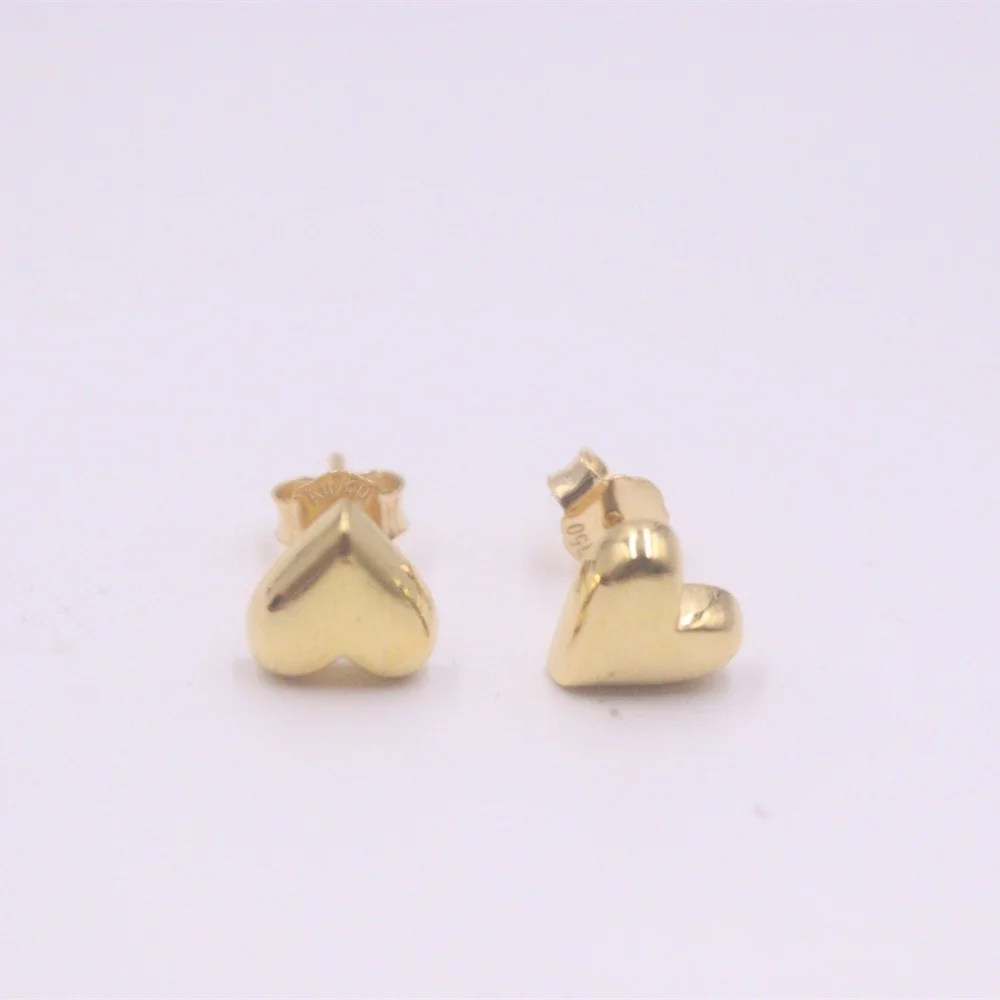 Real Pure 18K Yellow Gold Stud Women Lucky Smooth Heart Earrings 0.9-1g