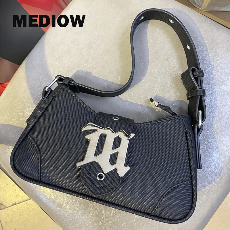 MEDIOW Casual Bags For Women Luxury Designer Handbags And Purse 2023 New In PU Sheet Metal Belt Decoration Underarm Shoulder Bag