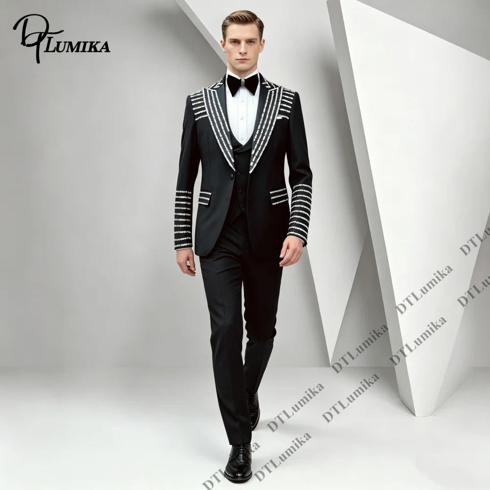 Luxury Three Piece Men Formal Suit Tuxedo Linear Crystal Rhinestone Shawl Lapel Banquet Prom Party Suit Attire Wedding Groom
