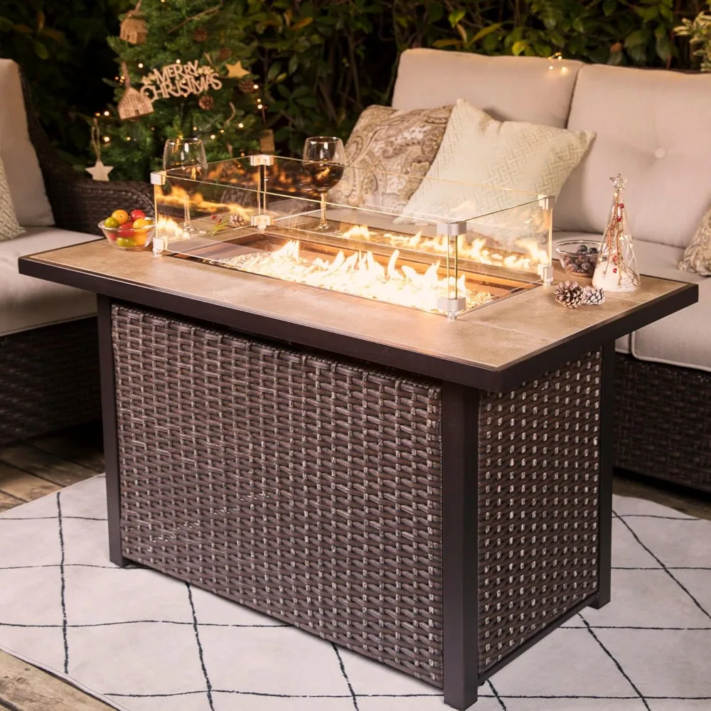 BTU Propane Gas Fire Pit Table, Ceramic Tabletop and Rattan Weaved Iron Frame, Water-Proof Oxford