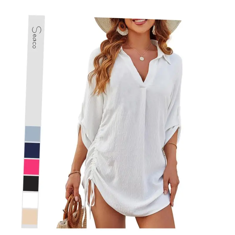 Feminino europeu e americano sle praia irt branco topo cinco quartos sve flip colarinho mistura de poliéster comprimento midi