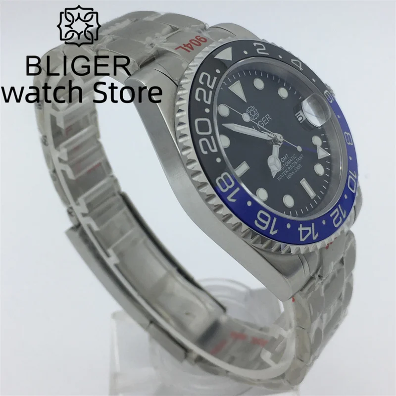 BLIGER-Black Dial relógio esportivo automático para homens, relógio de mergulho de natação, pulseira de aço escovado, data lupa, 40mm, NH34A, NH34, GMT
