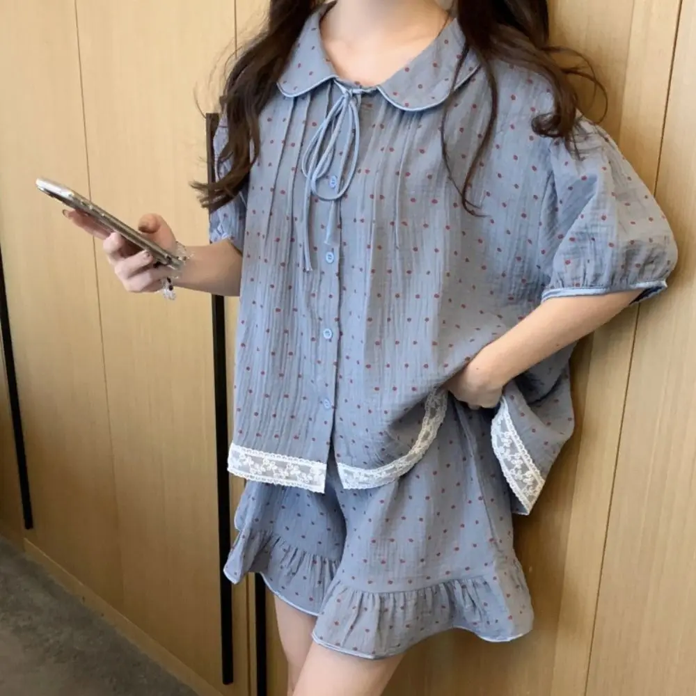 

French Style Dot Sweet Pajamas Set Lace Ruffle O Neck Short Sleeve Nightwear Home Wear Suit Loose 2 Pieces Sleepwear Indoor