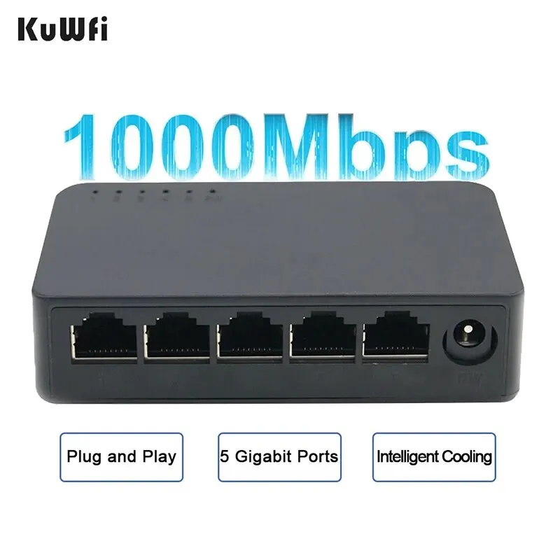 KuWFi 5 Ports Gigabit Switch 1000Mbps Fast Ethernet Switcher WAN LAN Port Ethernet Hub Switch for Home Monitor IP Camera