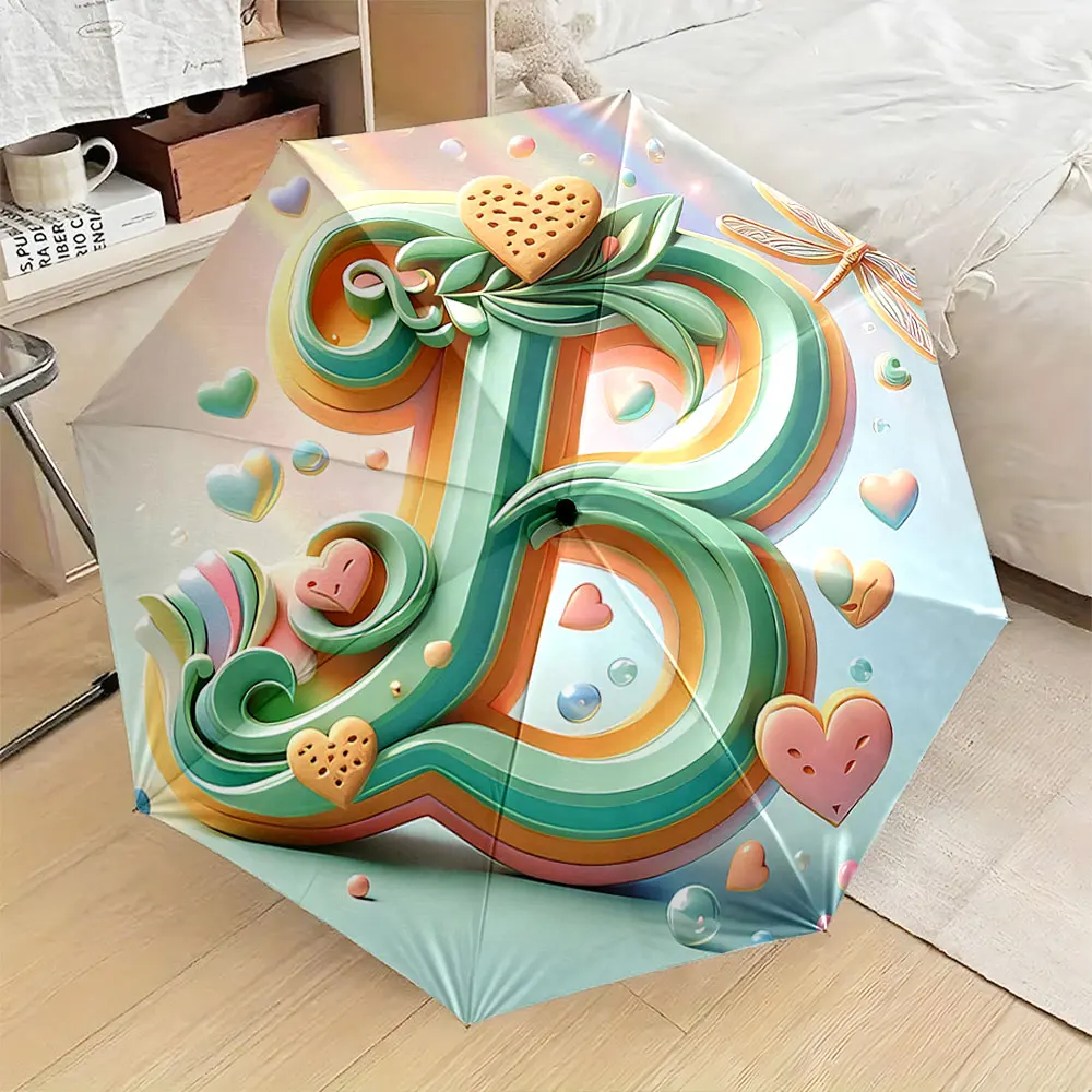 Letter B Design with Hearts and Dragonfly Compact Fashion Folding Umbrella for Daily Use, Christmas Gift
