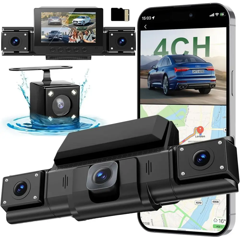 

360° Panoramic Car DVR with 4 Cameras, 3 IPS Screen, 24H Parking Monitor, GPS, Night Vision, G-Sensor, Free Memory Card