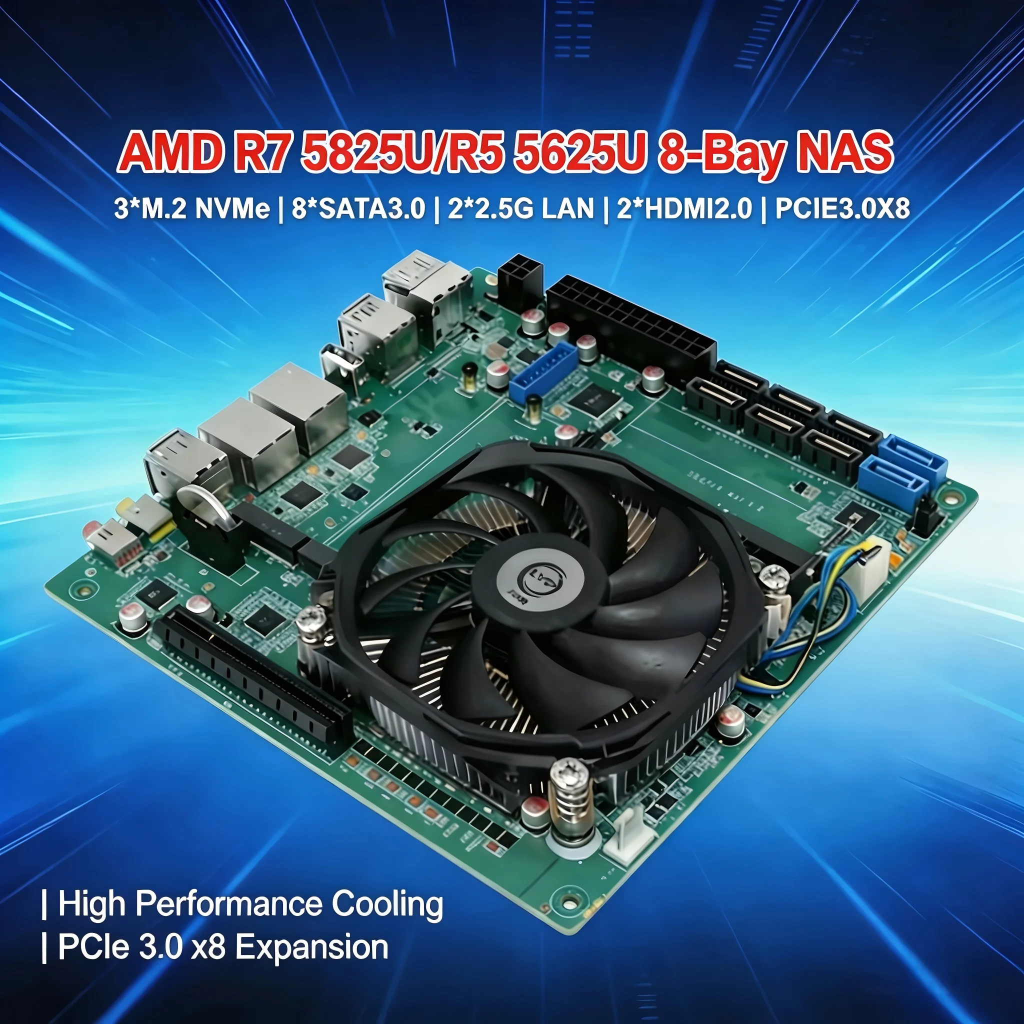 Carte mère NAS ITX 8 baies Ryzen 7 5825U/Ryzen 5 5625U 3 NVMe 8 SATA 3.0 Double LAN 2.5G Double canal DDR4 Serveur Pare-feu