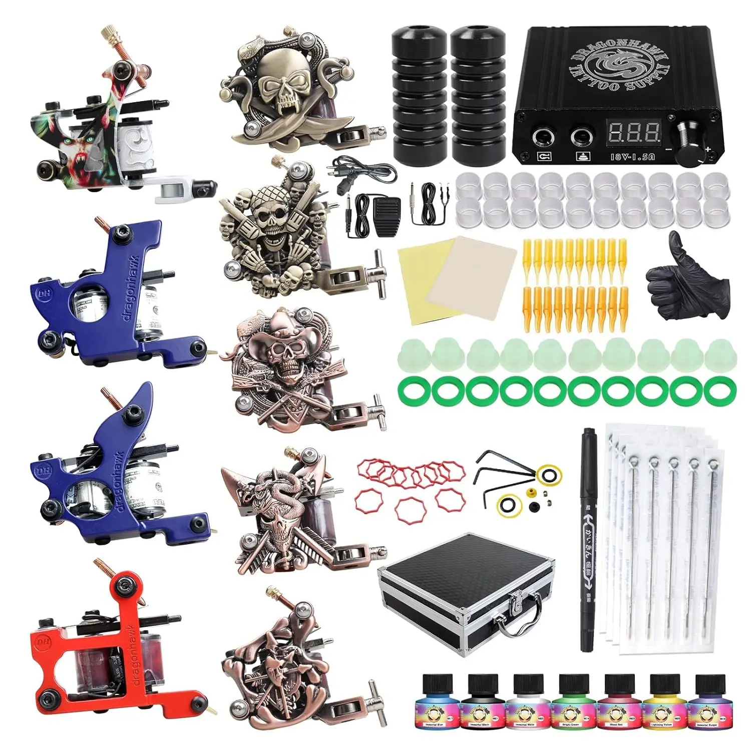 

Complete Tattoo Kit with Case, Beginner Coils Machines Power Supply Ink Needles Foot Pedal Grips Tips