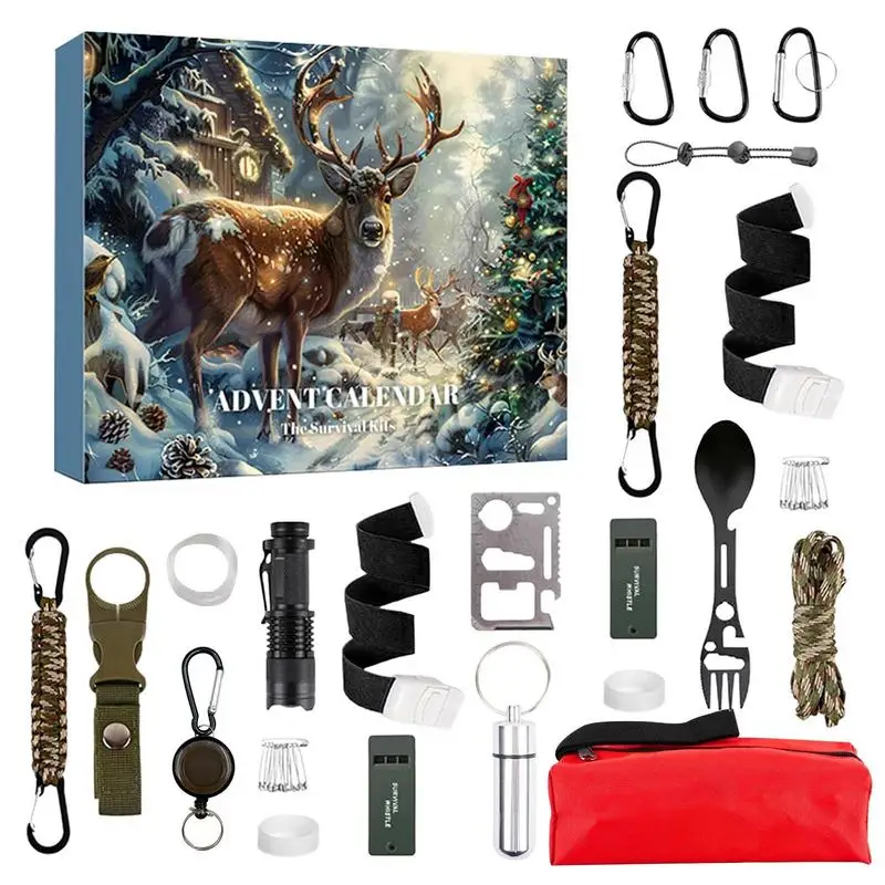 Survival Tools Advent Calendar Survival Gear for Men Adult 24 Days Christmas Countdown Calendar for Camping Fishing Outdoor